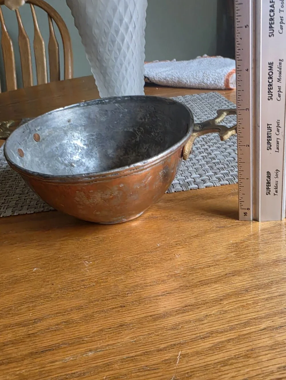 Antique Primitive 18th/19th Century Tinned Copper‎ Bowl Solid Brass Handles